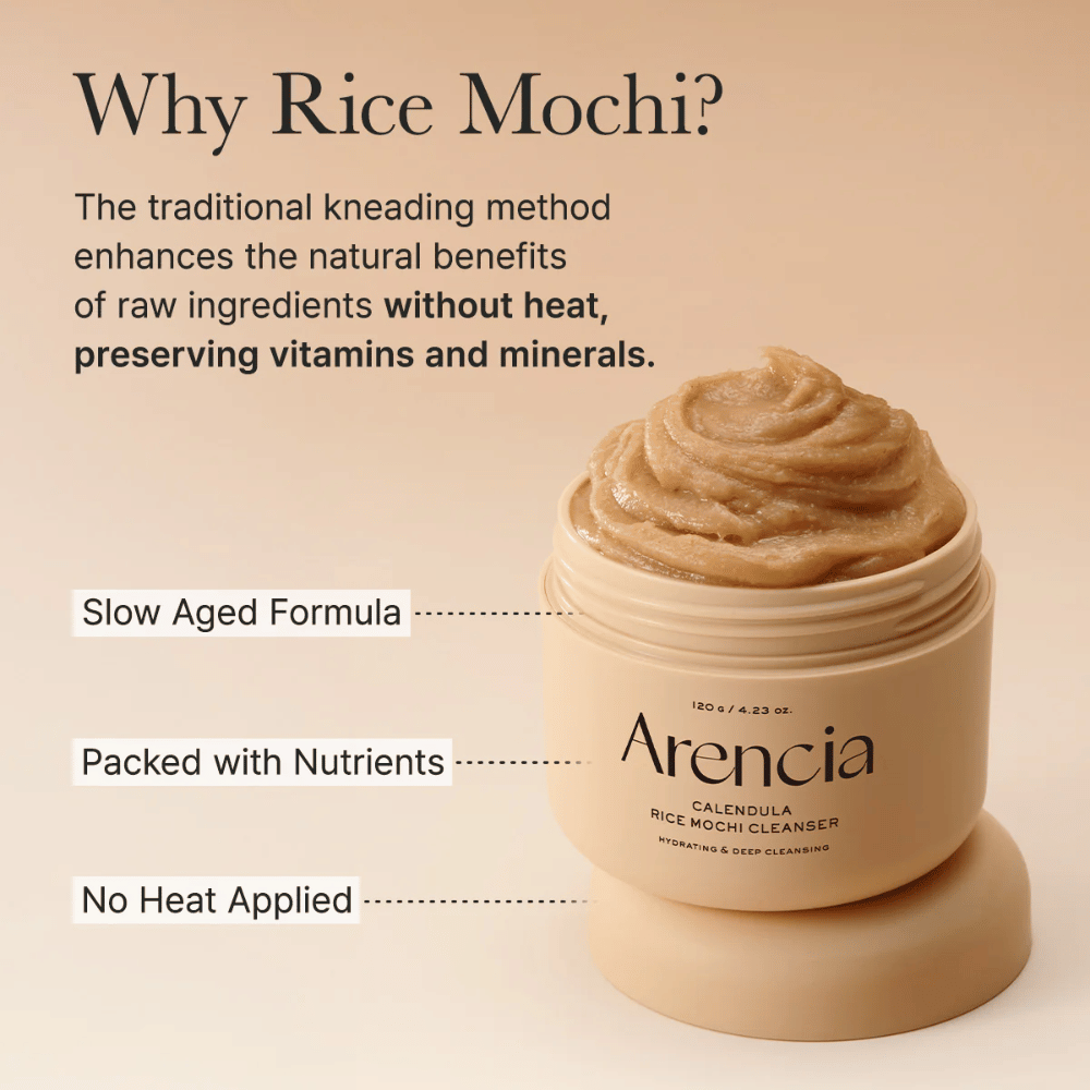 Arencia Calendula Rice Mochi Cleanser con descripción de su fórmula prensada en frío que conserva vitaminas y minerales para un cuidado nutritivo de la piel.