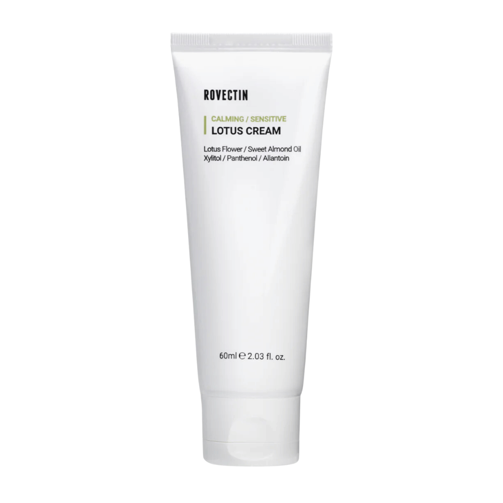 Tubo con Rovectin Calming Sensitive Lotus Cream, crema calmante para piel sensible.