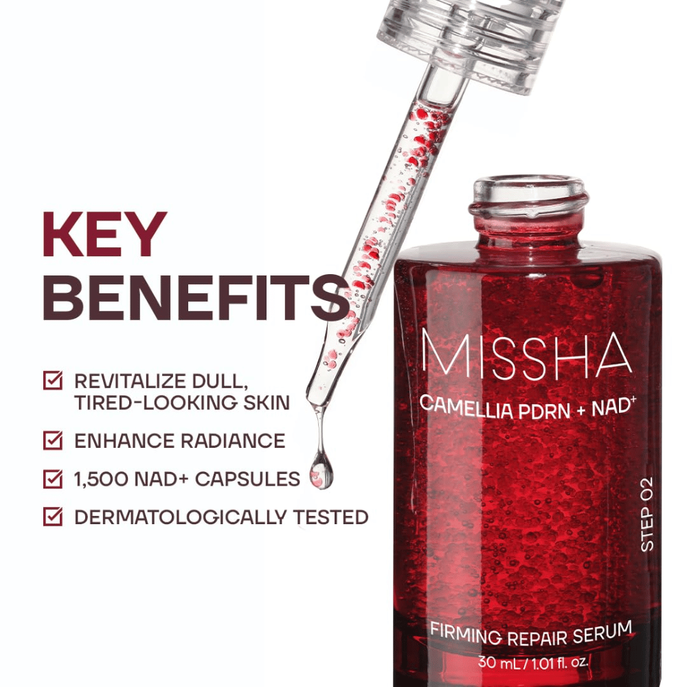 5. MISSHA Camellia PDRN NAD+ Firming Repair Serum – frasco de sérum rojo con gotero y cápsulas visibles, así como los principales beneficios del producto