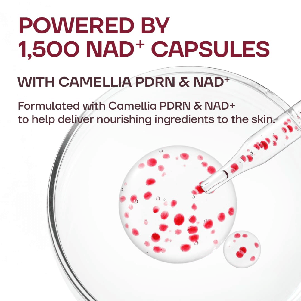 3. MISSHA Camellia PDRN NAD+ Firming Repair Serum – primer plano de la textura transparente del sérum con 1500 cápsulas rojas de NAD+