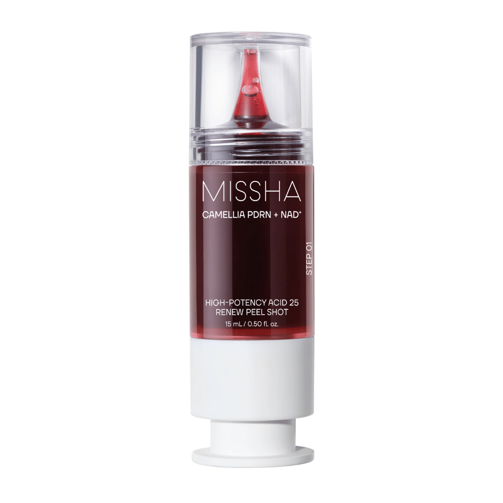 6. MISSHA Camellia PDRN NAD+ High-Potency Acid 25 Renew Peel Shot 15 ml – exfoliante exfoliante facial en envase rojo y blanco