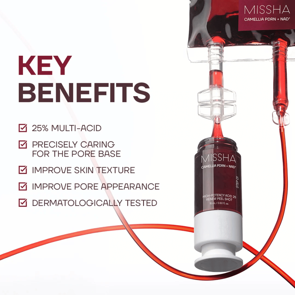 3. MISSHA Camellia PDRN NAD+ High-Potency Acid 25 Renew Peel Shot – tratamiento facial exfoliante para una textura de piel más uniforme y poros menos visibles