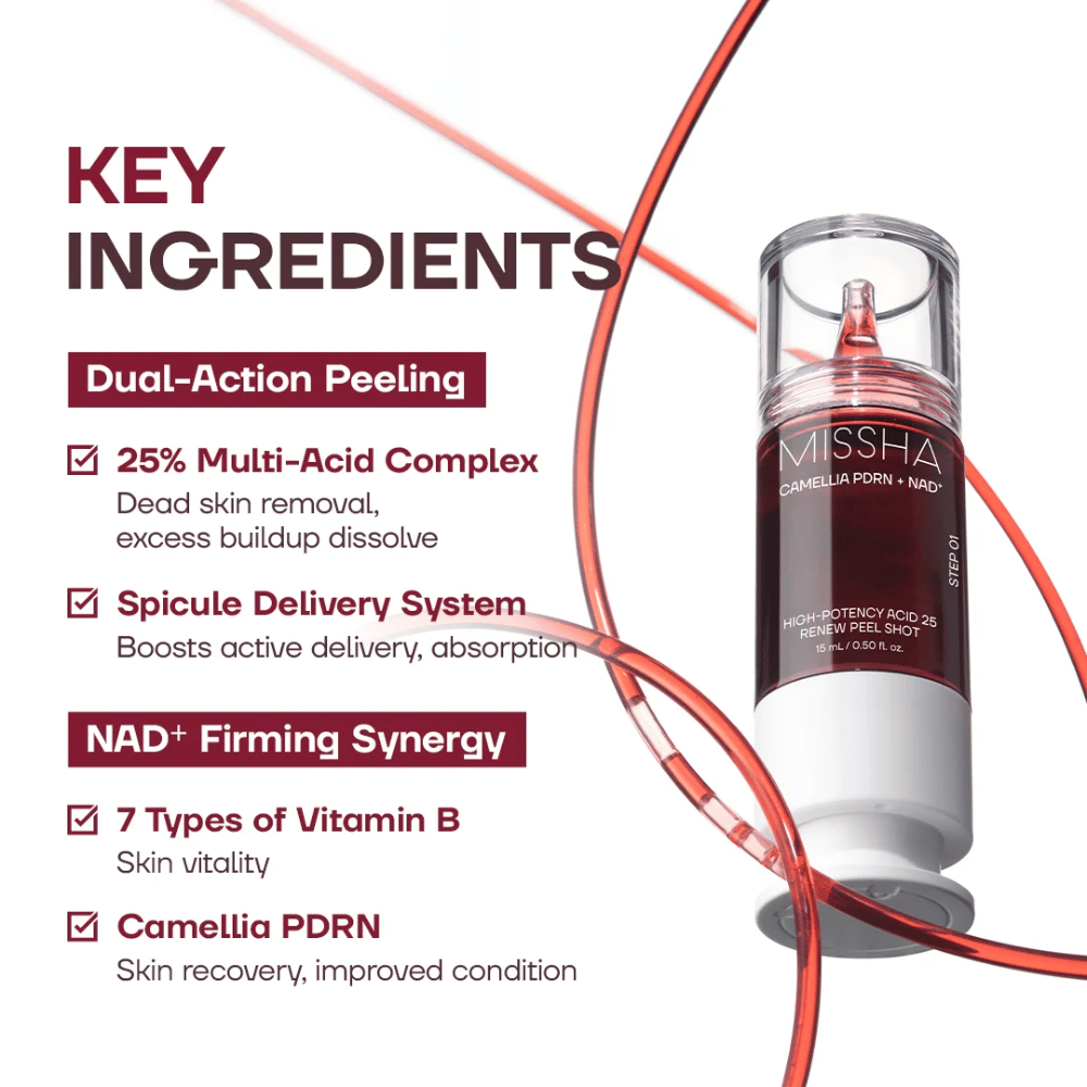 2. MISSHA Camellia PDRN NAD+ High-Potency Acid 25 Renew Peel Shot – exfoliante facial con 25 % de complejo de ácidos, PDRN y NAD+