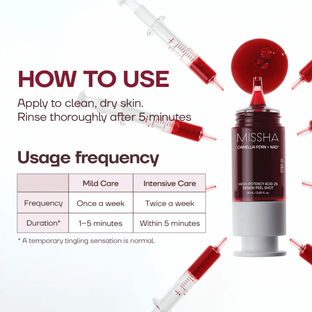 1. MISSHA Camellia PDRN NAD+ High-Potency Acid 25 Renew Peel Shot – instrucciones de uso y frecuencia de exfoliación recomendada