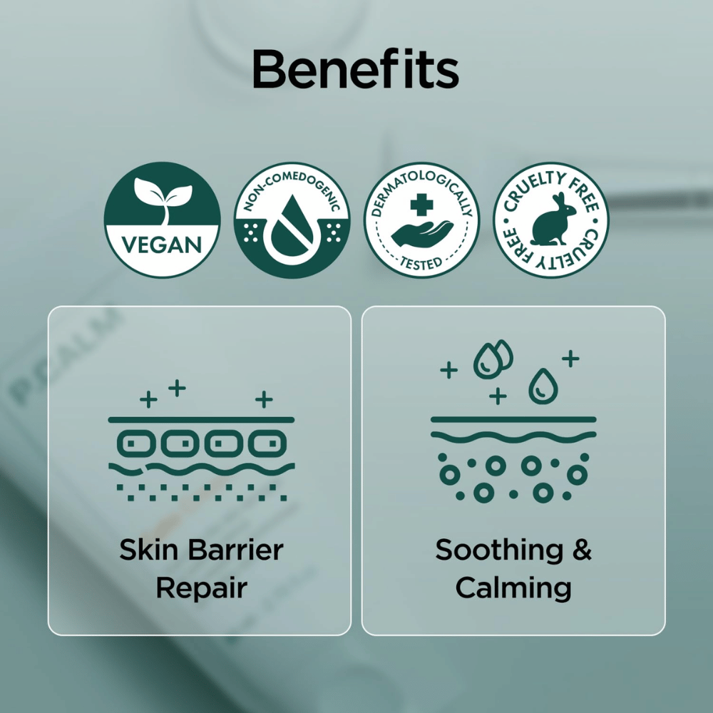 Imagen gráfica general que destaca los beneficios del producto, como fórmula vegana, non-comedogenic, dermatológicamente probada y cruelty-free. El enfoque está en la reparación de la barrera cutánea y el efecto calmante para la piel sensible.
