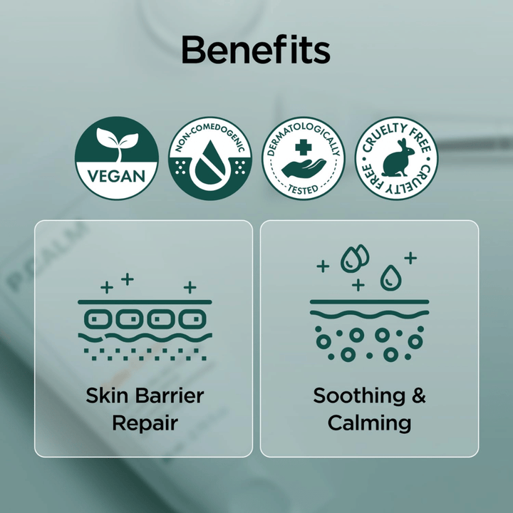 Imagen gráfica general que destaca los beneficios del producto, como fórmula vegana, non-comedogenic, dermatológicamente probada y cruelty-free. El enfoque está en la reparación de la barrera cutánea y el efecto calmante para la piel sensible.
