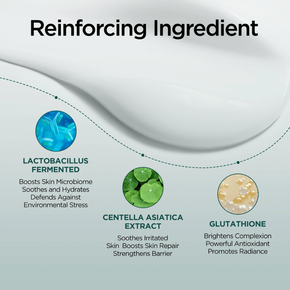 Imagen informativa sobre los ingredientes clave de P.CALM Cato Cream, incluidos Lactobacillus Ferment, extracto de Centella Asiatica y Glutathione. El enfoque está en las propiedades calmantes, hidratantes y fortalecedoras de la barrera cutánea.