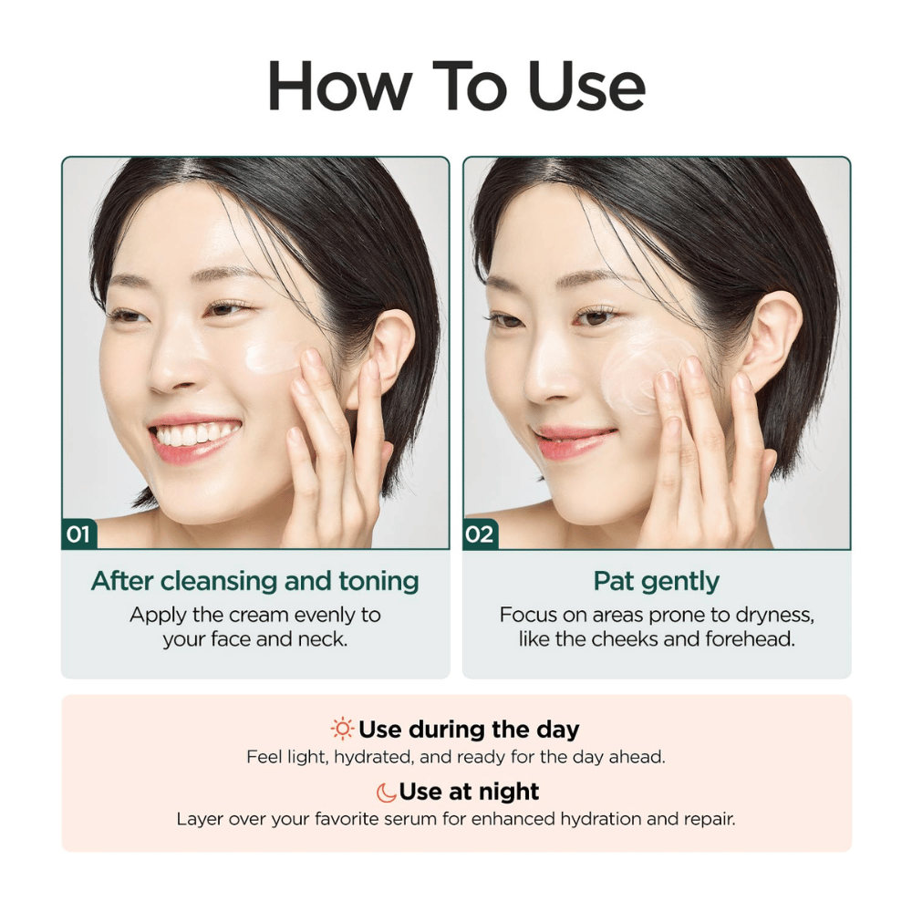 Imagen instructiva que muestra cómo usar P.CALM Cato Cream después de la limpieza y el tónico. Una modelo aplica la crema en las mejillas y el producto se recomienda tanto de día como de noche para la hidratación y el cuidado de la barrera cutánea.