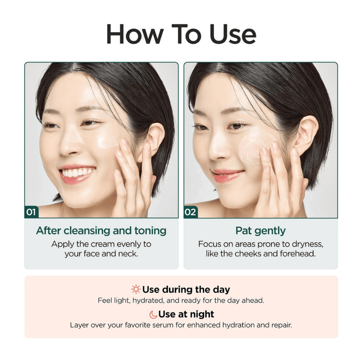 Imagen instructiva que muestra cómo usar P.CALM Cato Cream después de la limpieza y el tónico. Una modelo aplica la crema en las mejillas y el producto se recomienda tanto de día como de noche para la hidratación y el cuidado de la barrera cutánea.