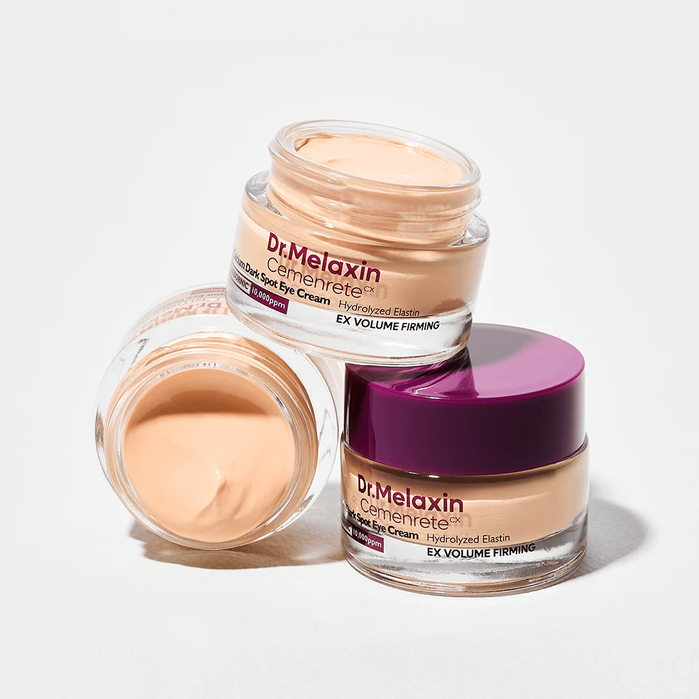 Dr.Melaxin Cemenrete Eye Cream desde varios ángulos, contorno de ojos coreana contra manchas oscuras y líneas finas con efecto voluminizador y reafirmante.