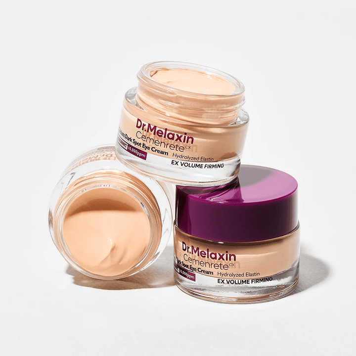 Dr.Melaxin Cemenrete Eye Cream desde varios ángulos, contorno de ojos coreana contra manchas oscuras y líneas finas con efecto voluminizador y reafirmante.