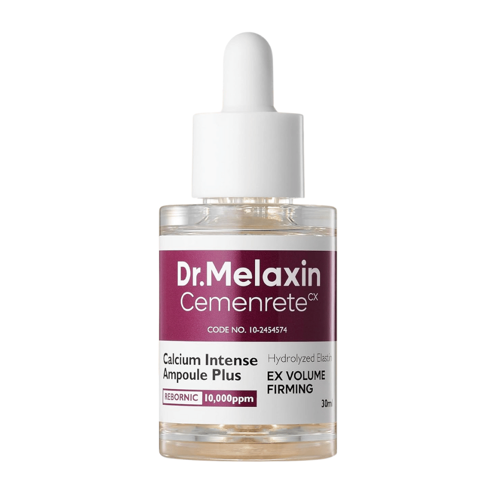Imagen del producto de Dr. Melaxin Cemenrete Calcium Intense Ampoule Plus en botella de vidrio con pipeta, una ampolla coreana antienvejecimiento que fortalece la estructura y elasticidad de la piel.