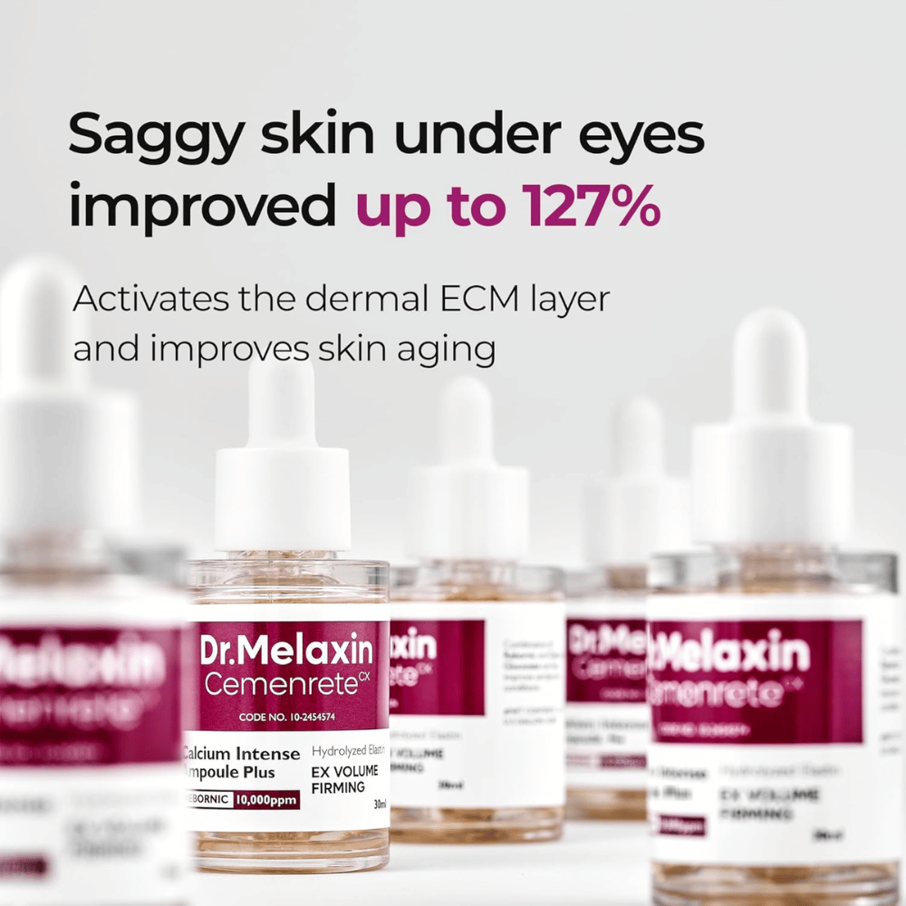 Dr. Melaxin Cemenrete Calcium Intense Ampoule Plus se muestra con enfoque en la mejora de la piel flácida debajo de los ojos, que activa la capa ECM de la piel y apoya el antienvejecimiento.