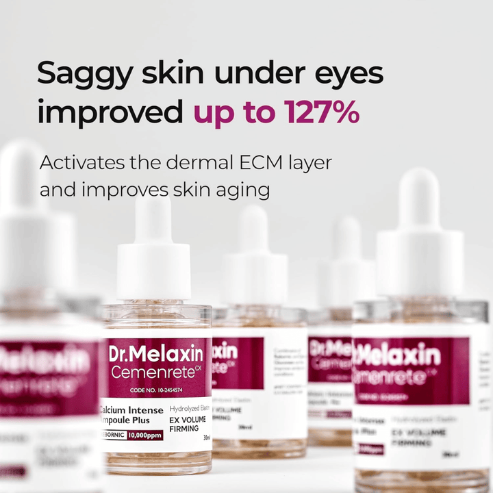 Dr. Melaxin Cemenrete Calcium Intense Ampoule Plus se muestra con enfoque en la mejora de la piel flácida debajo de los ojos, que activa la capa ECM de la piel y apoya el antienvejecimiento.
