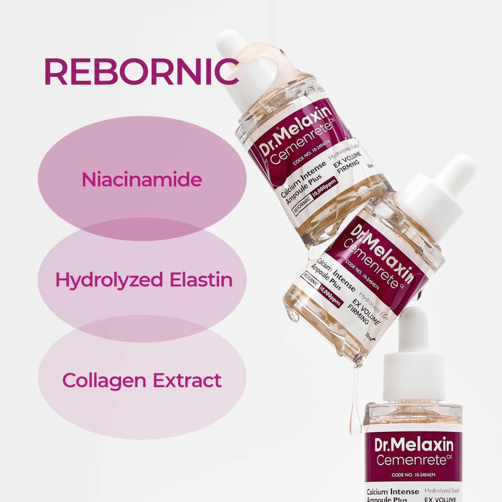 Dr. Melaxin Cemenrete Calcium Intense Ampoule Plus con niacinamida, elastina hidrolizada y extracto de colágeno, desarrollada para una piel más firme y mejorada elasticidad.