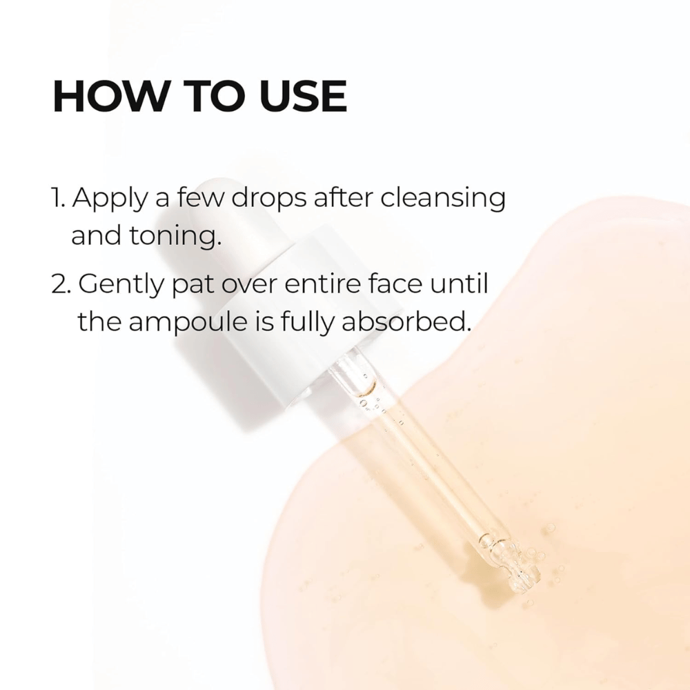 Imagen de instrucciones que muestra cómo se aplica Dr. Melaxin Cemenrete Calcium Intense Ampoule Plus después de limpiar y tonificar, dando palmaditas en la piel hasta que se absorba completamente.