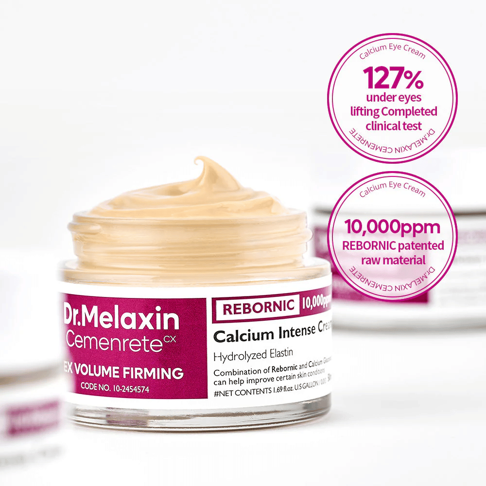 Dr.Melaxin Cemenrete Calcium Intense Cream con marcadores clínicos, muestra 10 000 ppm de Rebornic y resultados de pruebas para efecto reafirmante y voluminizador.