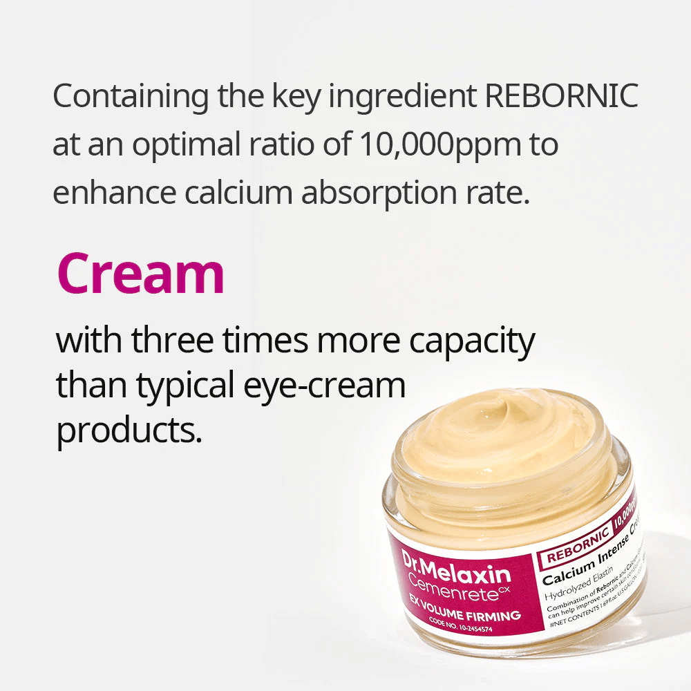 Dr.Melaxin Cemenrete Calcium Intense Cream con infografía sobre Rebornic 10 000 ppm, crema facial que mejora la absorción de calcio y la elasticidad de la piel.