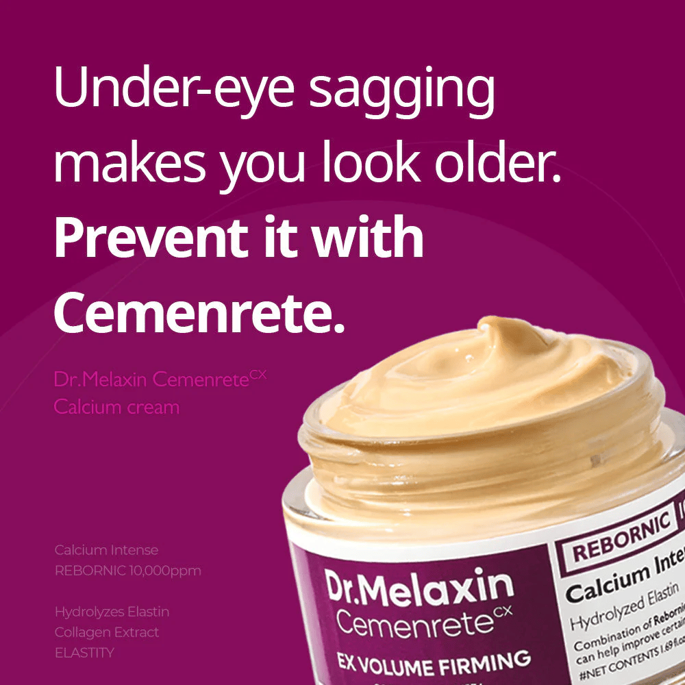 Dr.Melaxin Cemenrete Calcium Intense Cream con mensaje de texto sobre reafirmación bajo los ojos, ilustra el enfoque de la crema en firmeza, volumen y prevención de piel flácida.