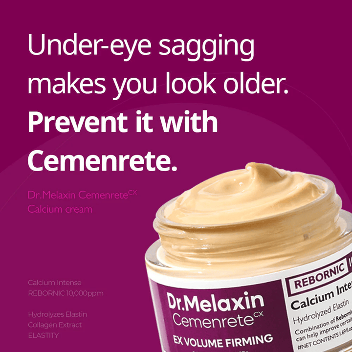 Dr.Melaxin Cemenrete Calcium Intense Cream con mensaje de texto sobre reafirmación bajo los ojos, ilustra el enfoque de la crema en firmeza, volumen y prevención de piel flácida.