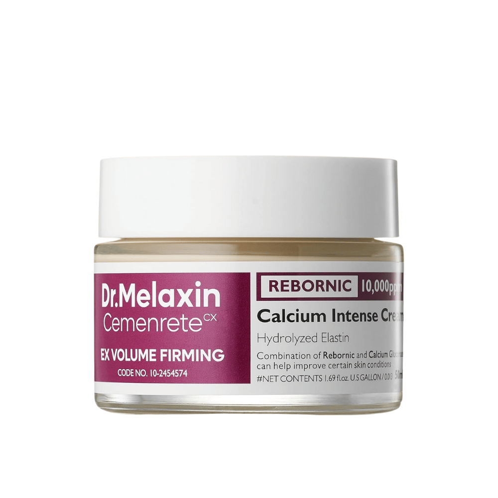 Dr.Melaxin Cemenrete Calcium Intense Cream en tarro sobre fondo blanco, crema facial con calcio, Rebornic y elastina hidrolizada para una piel más firme y voluminosa.