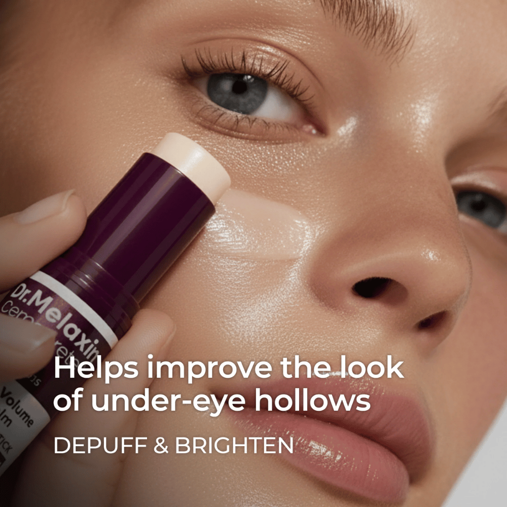 Dr. Melaxin Calcium Volume Multi Balm se utiliza debajo de los ojos para reducir la hinchazón, iluminar y mejorar las cavidades visibles.