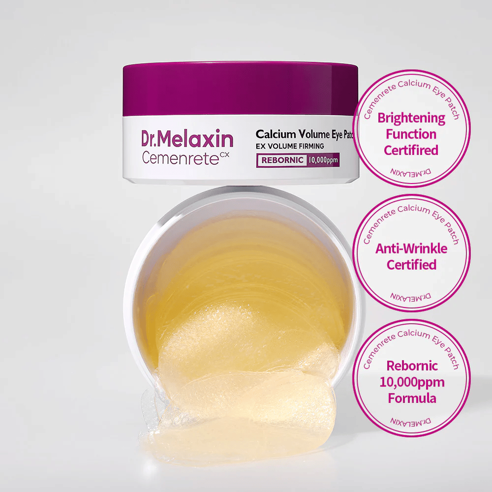 Tarro abierto con parches de hidrogel para ojos de Dr. Melaxin Cemenrete Calcium Volume Eye Patch con Rebornic 10 000 ppm, certificado para efecto antiarrugas e iluminador.