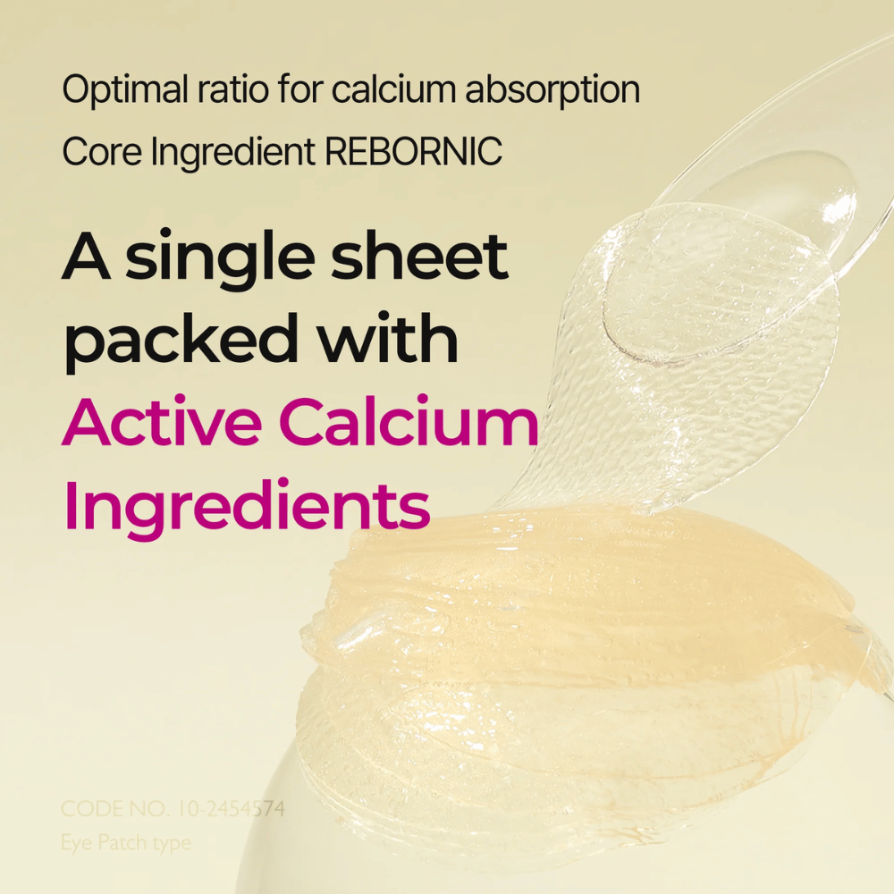 Primer plano de hidrogel impregnado con calcio activo en Dr. Melaxin Cemenrete Calcium Volume Eye Patch, desarrollado para una absorción óptima y efecto voluminoso.