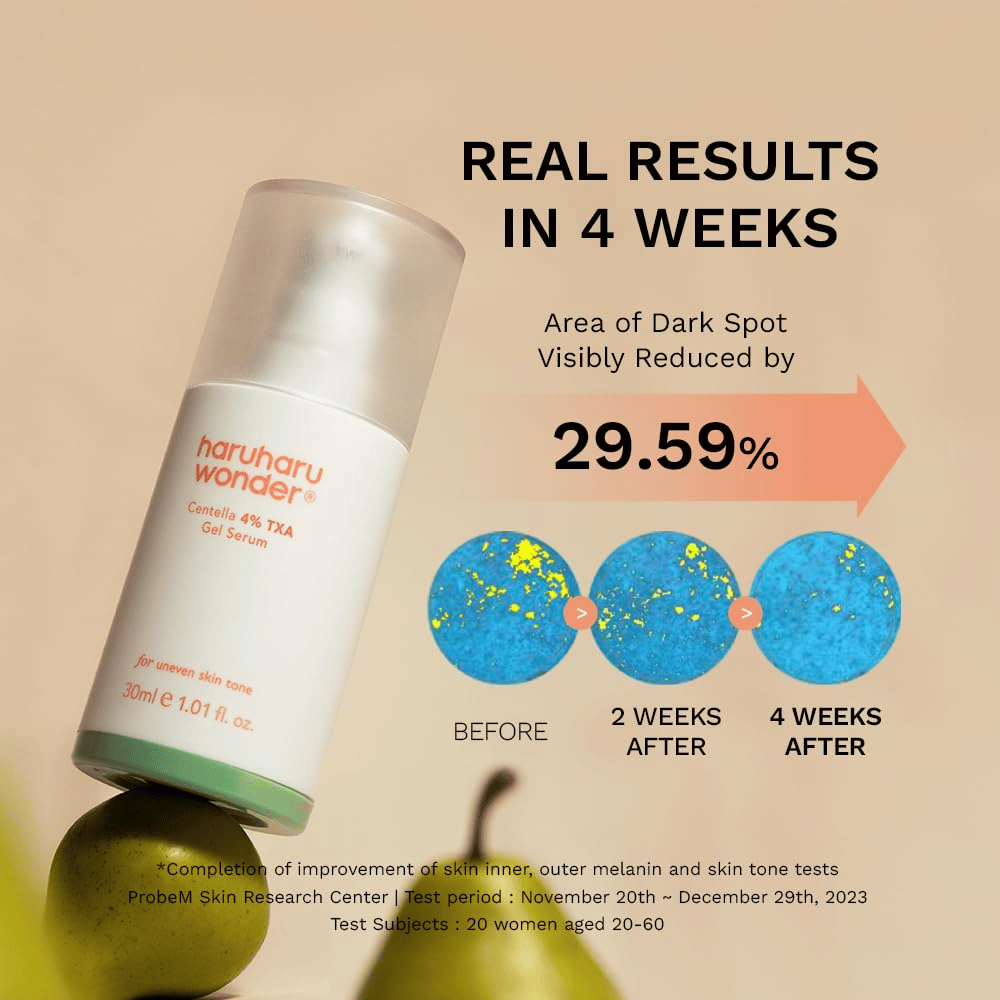 3. Haruharu Wonder Centella 4% TXA Dark Spot Go Away Serum – resultados después de cuatro semanas con menor visibilidad de las manchas oscuras