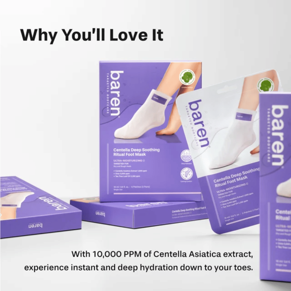 7. Baren Centella Deep Soothing Ritual Foot Mask – mascarillas hidratantes para pies con centella asiática para talones secos y ásperos