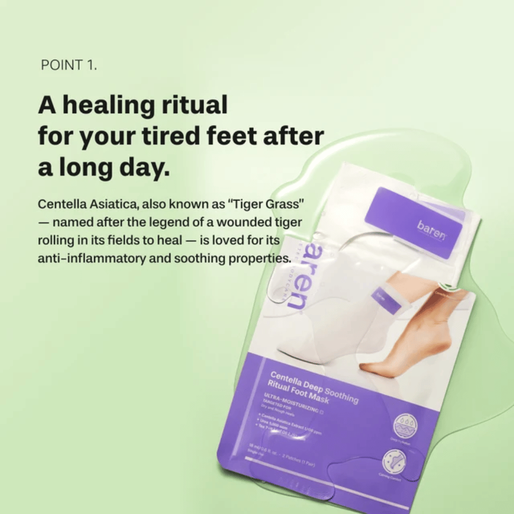 5. Baren Centella Deep Soothing Ritual Foot Mask – cuidado calmante para pies con centella asiática para pies cansados, secos y ásperos