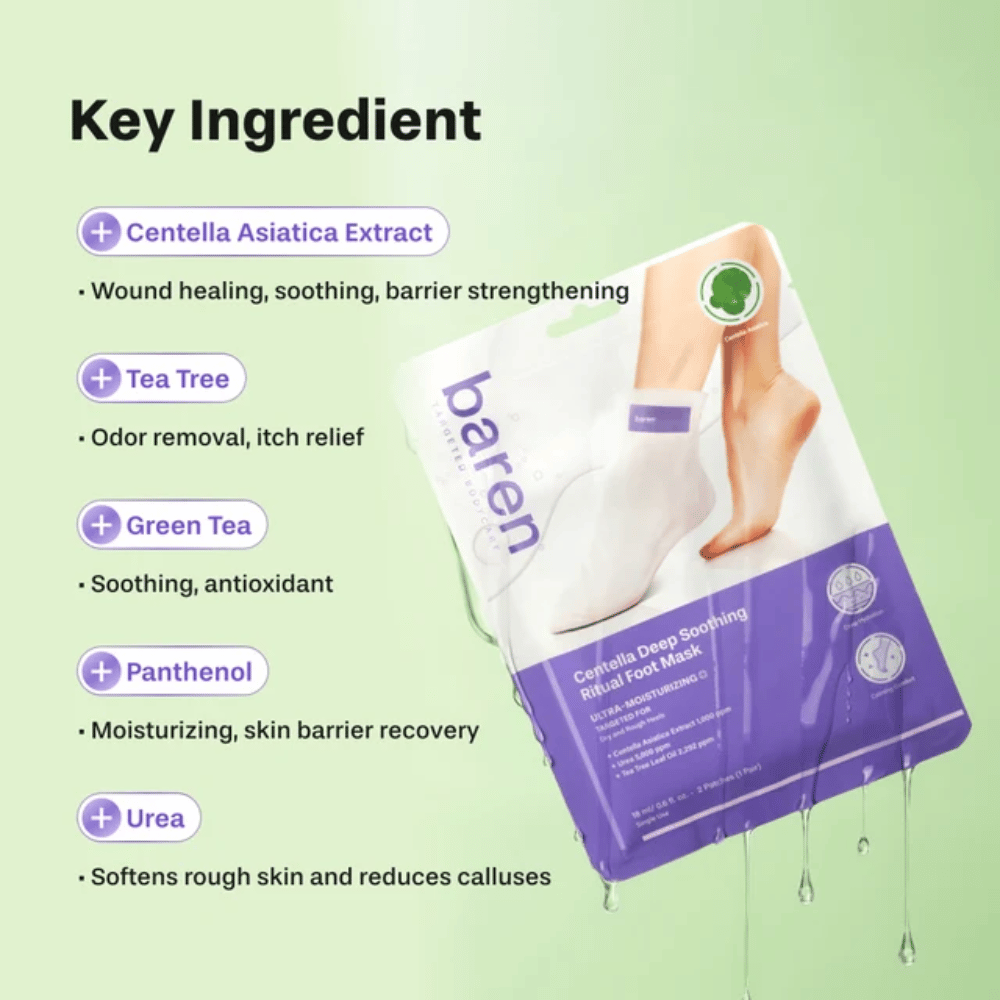 3. Baren Centella Deep Soothing Ritual Foot Mask – ingredientes clave como centella asiática, tea tree, té verde, pantenol y urea
