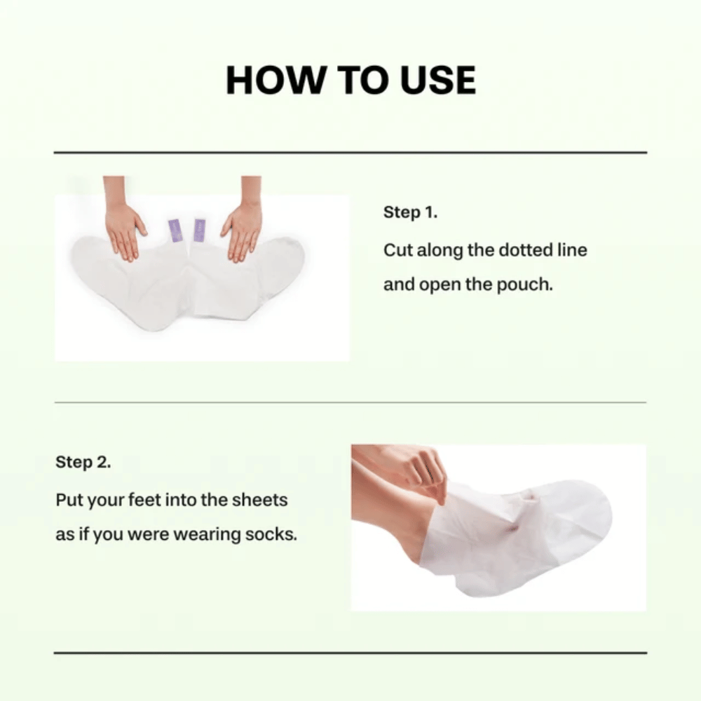 2. Baren Centella Deep Soothing Ritual Foot Mask – pasos 1 y 2 que muestran cómo se abre el envase y se colocan las mascarillas para pies como calcetines