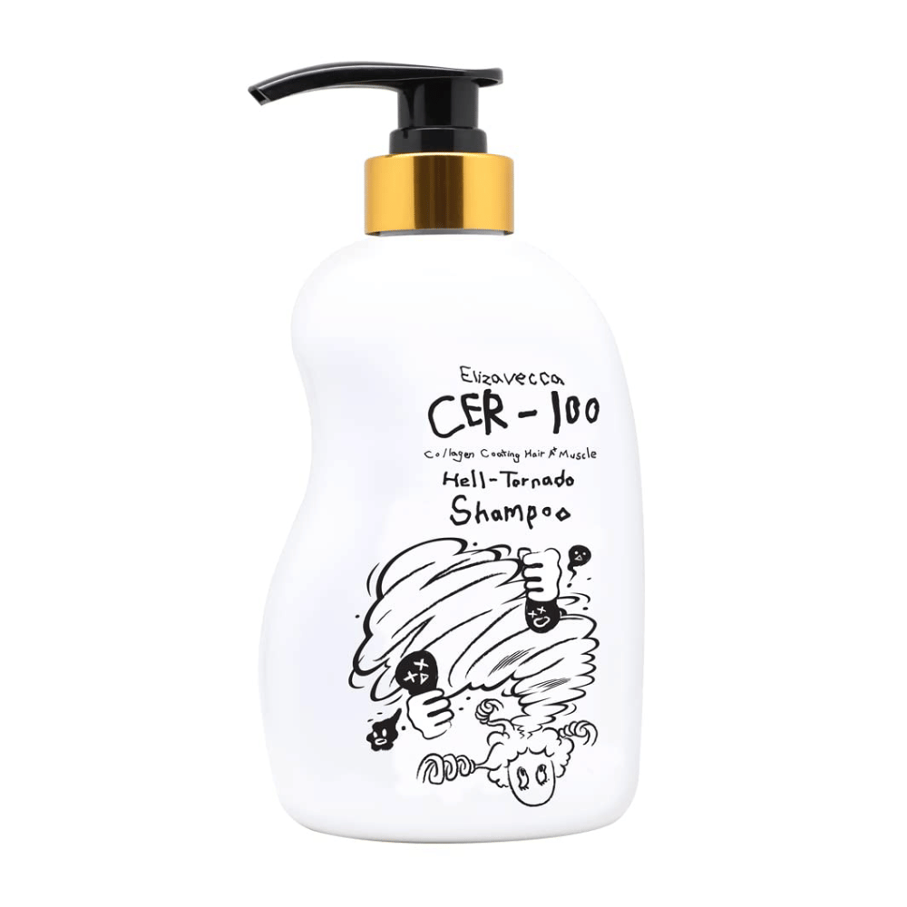 Imagen del producto de Elizavecca CER-100 Collagen Coating Hair A+ Muscle Helltornado Shampoo sobre fondo blanco. El envase se muestra claramente con botella de bomba y la ilustración característica que distingue a la serie.