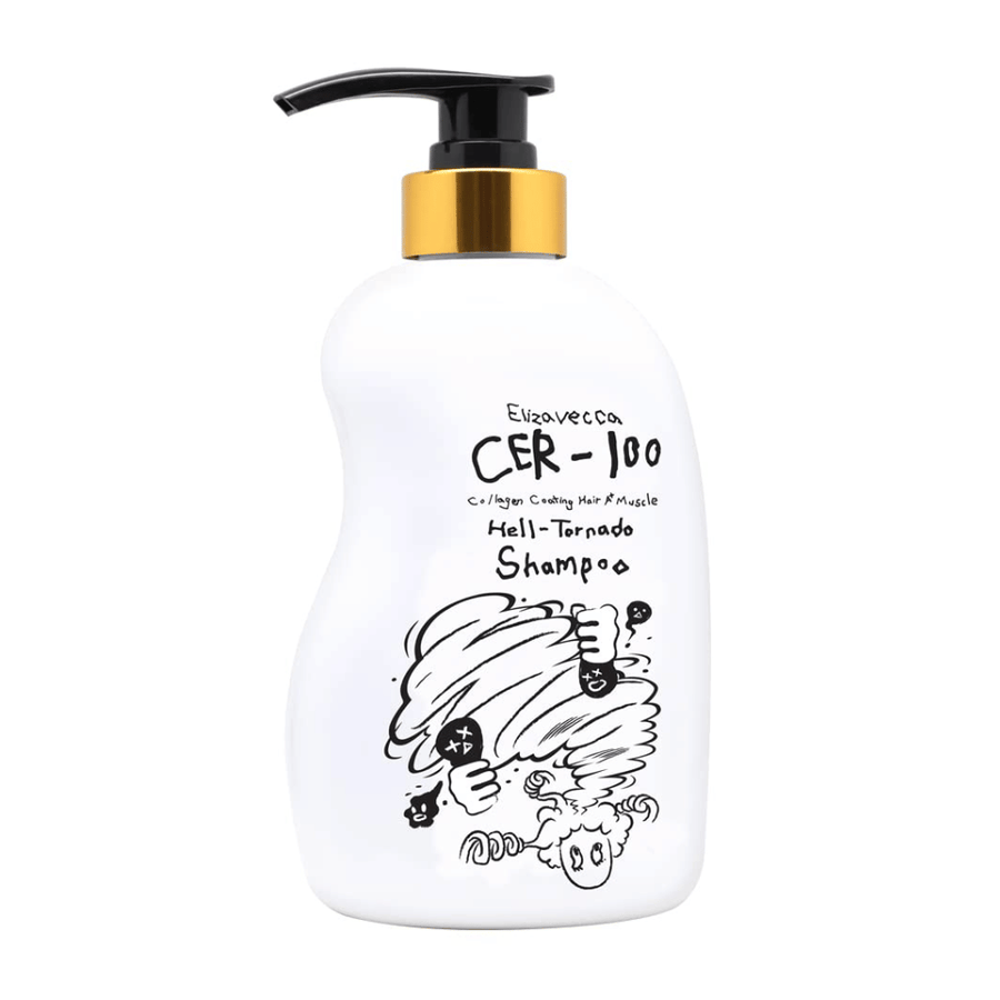Imagen del producto de Elizavecca CER-100 Collagen Coating Hair A+ Muscle Helltornado Shampoo sobre fondo blanco. El envase se muestra claramente con botella de bomba y la ilustración característica que distingue a la serie.