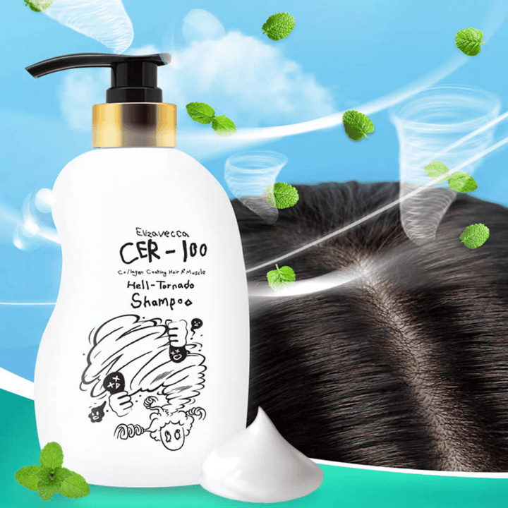 Elizavecca CER-100 Collagen Coating Hair A+ Muscle Helltornado Shampoo se muestra frente a un primer plano del cuero cabelludo. Vientos arremolinados y hojas de menta ilustran una sensación refrescante y fría, además del enfoque en el cuidado del cuero cabelludo.