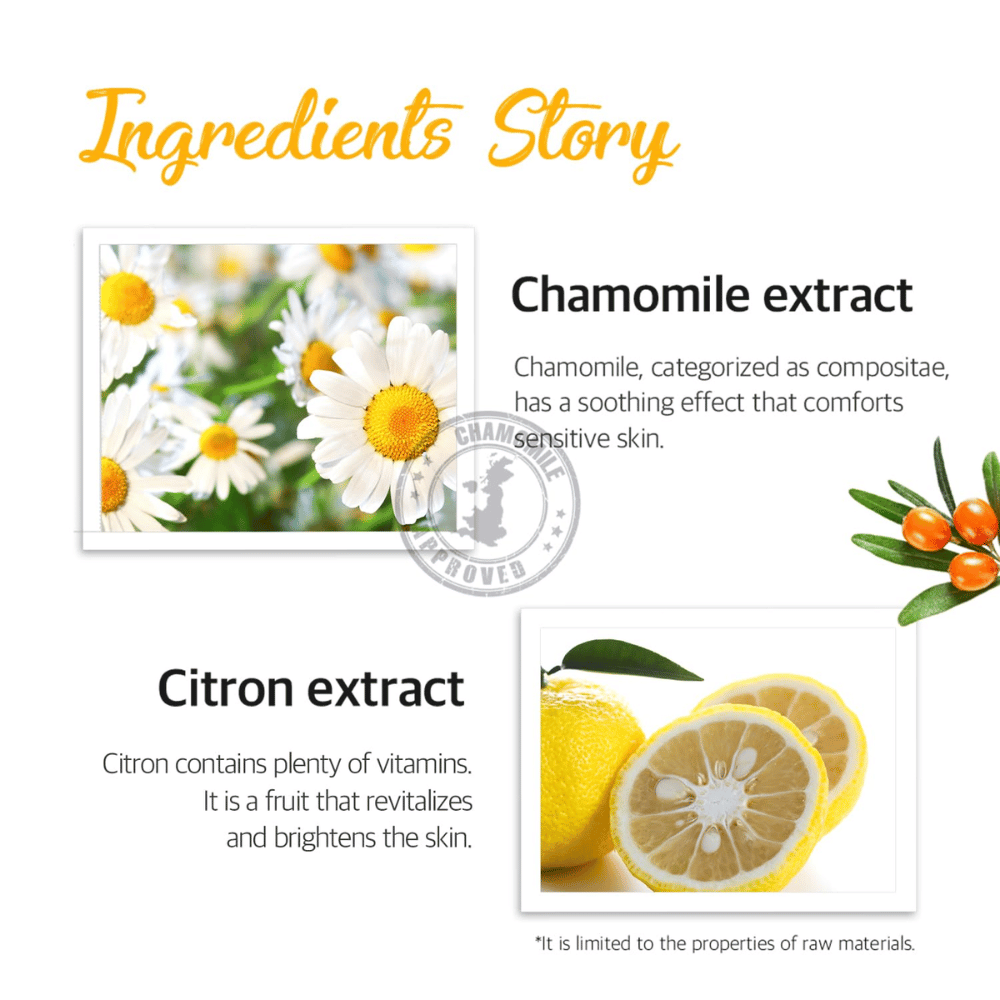 Imagen informativa sobre los ingredientes extracto de manzanilla y extracto de limón. La imagen describe propiedades calmantes, refrescantes y aportadoras de luminosidad para la piel sensible y cansada.