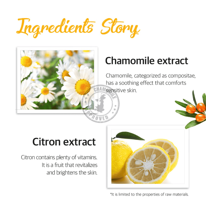 Imagen informativa sobre los ingredientes extracto de manzanilla y extracto de limón. La imagen describe propiedades calmantes, refrescantes y aportadoras de luminosidad para la piel sensible y cansada.