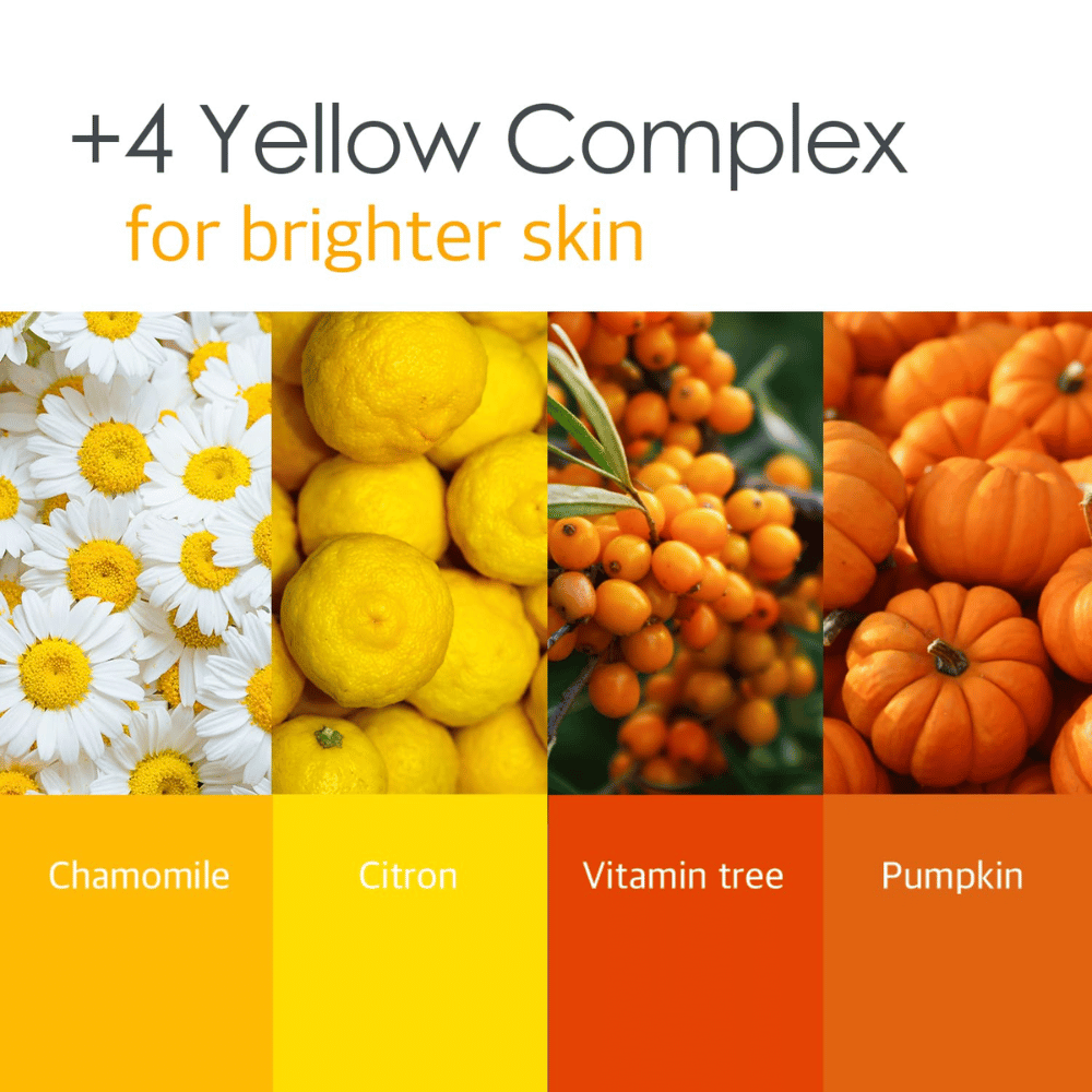 Imagen informativa sobre el “4 Yellow Complex” con ingredientes como manzanilla, limón, vitamin tree y calabaza. El enfoque está en un tono de piel más claro y en las propiedades iluminadoras.