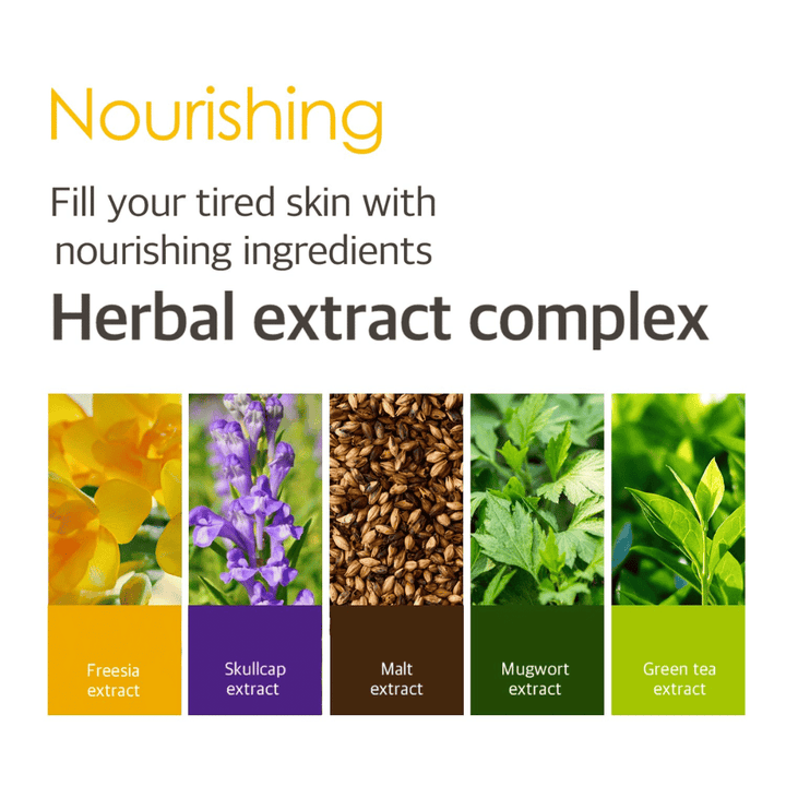 Imagen informativa sobre Herbal Extract Complex con extractos vegetales de, entre otros, fresia, escutelaria, malta, artemisa y té verde que ayudan a aportar nutrición y cuidado a la piel cansada.