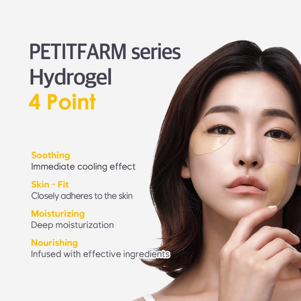 Imagen promocional con una modelo que usa parches de hidrogel para ojos. La imagen destaca los cuatro beneficios principales del producto: efecto calmante, ajuste adherente a la piel, hidratación profunda e ingredientes nutritivos.
