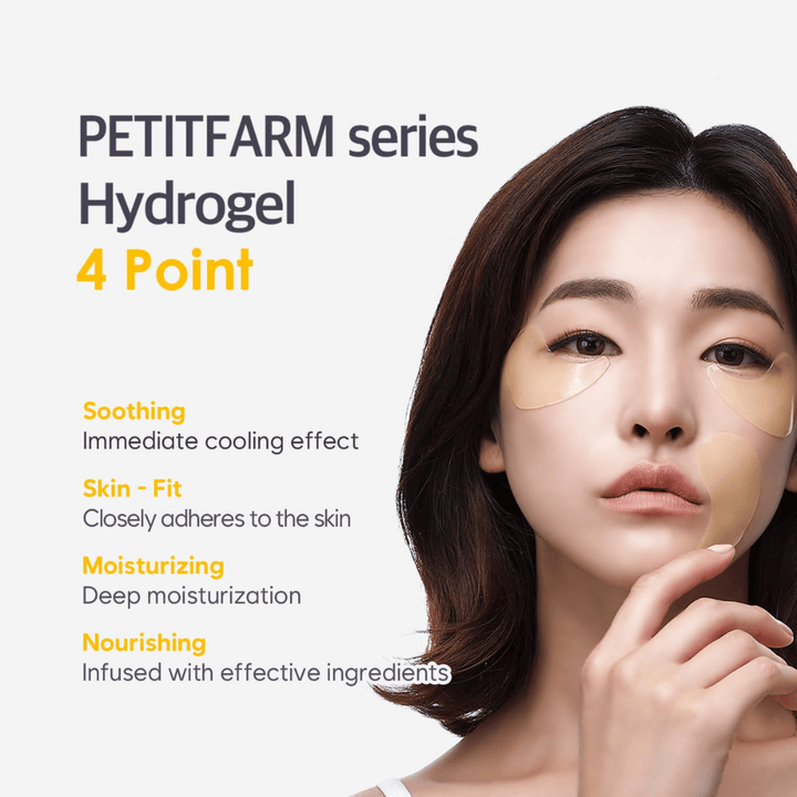 Imagen promocional con una modelo que usa parches de hidrogel para ojos. La imagen destaca los cuatro beneficios principales del producto: efecto calmante, ajuste adherente a la piel, hidratación profunda e ingredientes nutritivos.