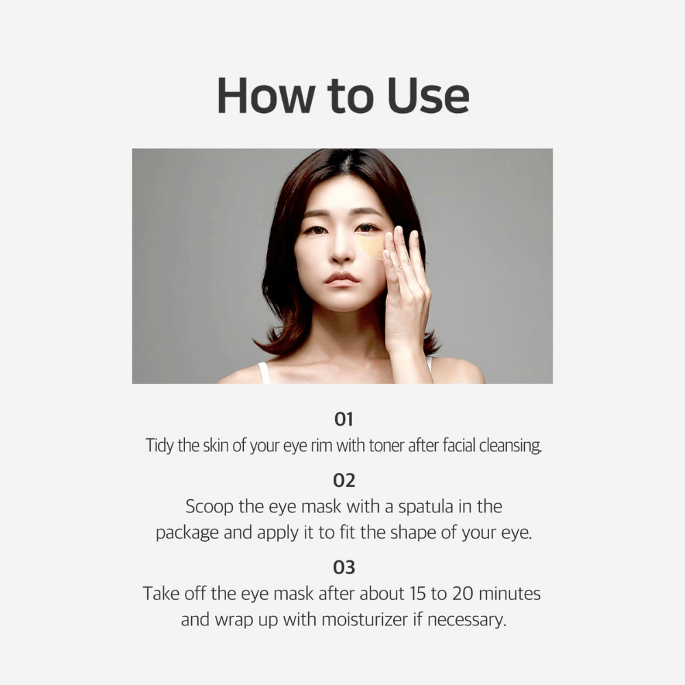 Imagen instructiva que muestra cómo se usa Chamomile Lightening Hydrogel Eye Mask después de la limpieza y el tónico. La guía describe la aplicación, el tiempo de actuación y la hidratación final alrededor de los ojos.