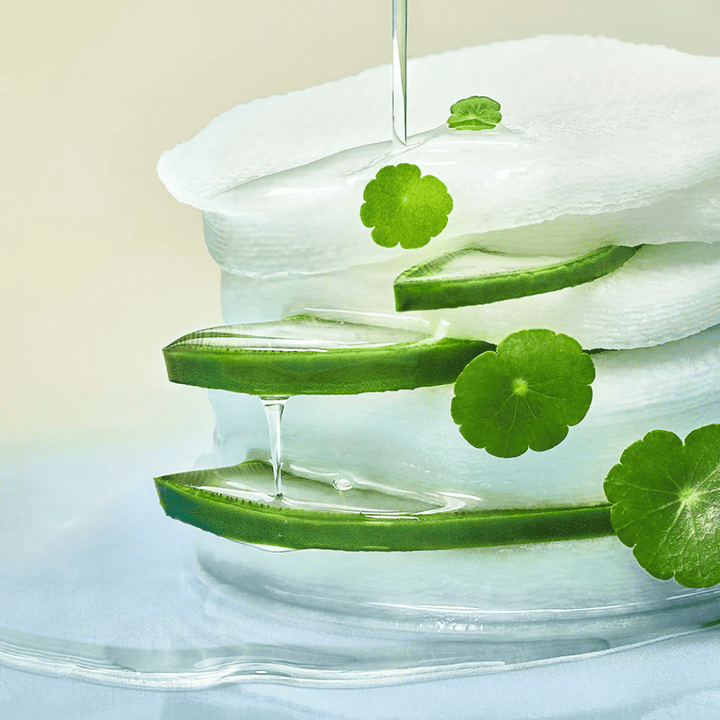 Primer plano de rodajas de aloe vera, almohadillas de tónico hidratantes y hojas de centella asiática. El gel gotea entre los ingredientes para ilustrar sus propiedades calmantes, refrescantes e hidratantes.