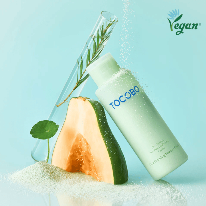 TOCOBO Cica Calming Powder Wash con melón y extractos vegetales que proporcionan una exfoliación suave e hidratación.