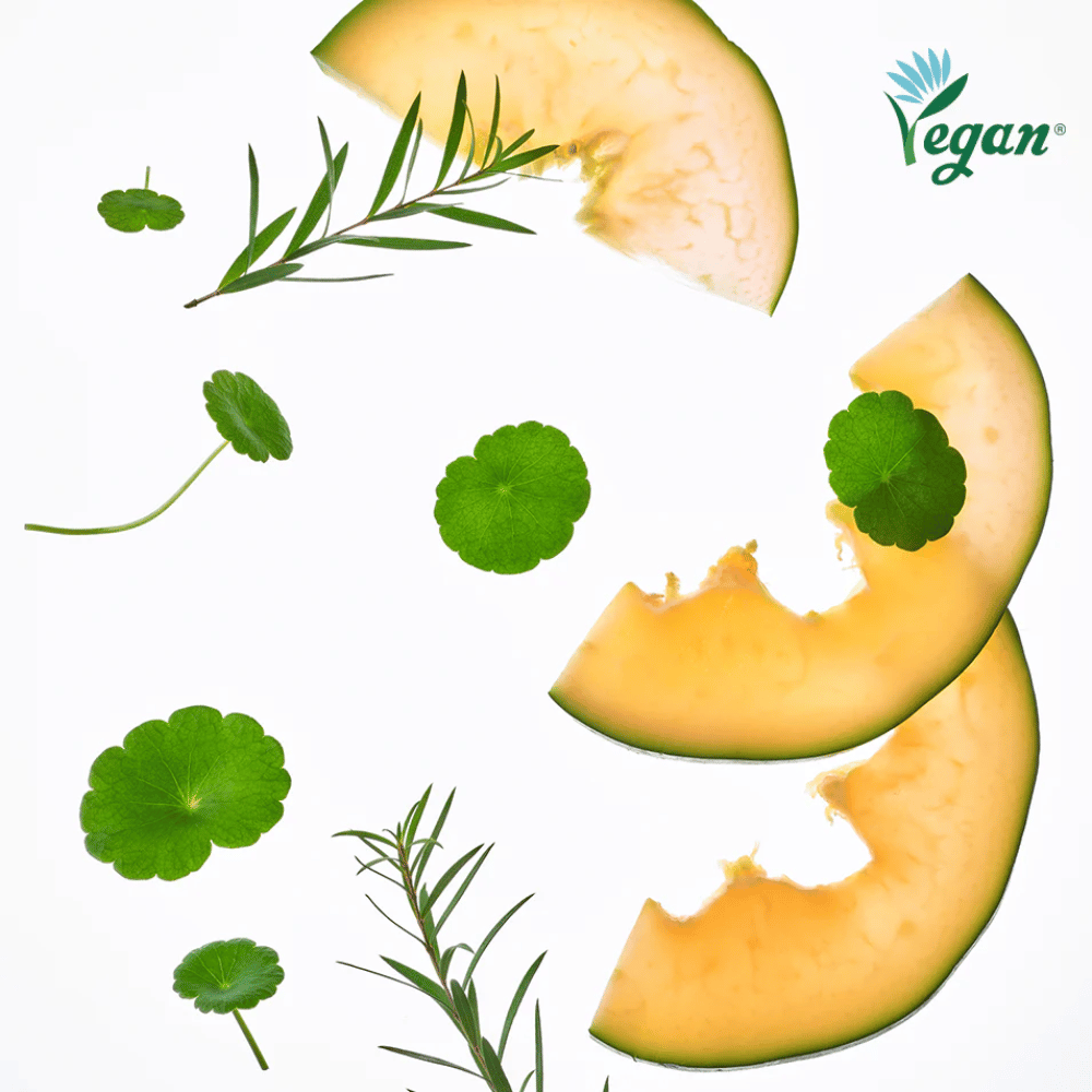Cuidado de la piel vegano con melón, centella asiática y extractos vegetales que calman la piel y proporcionan hidratación.