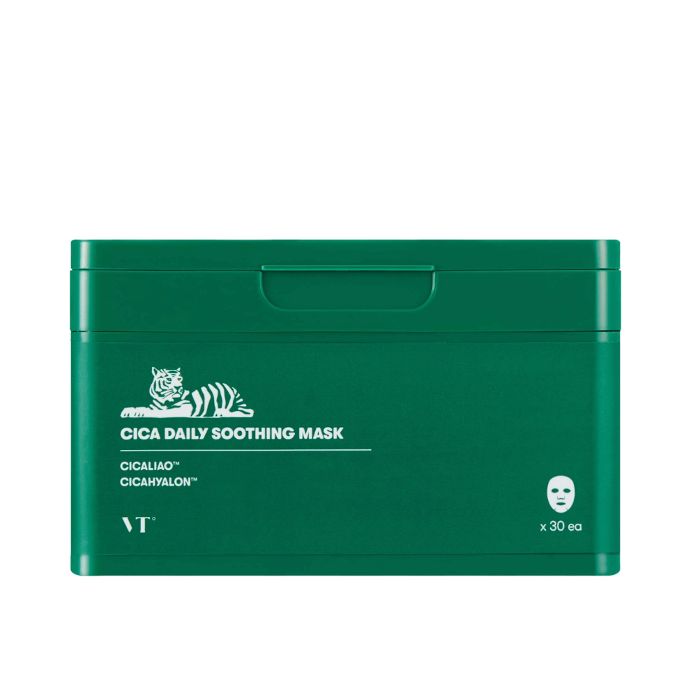 Empaque verde con el texto "Cica Daily Soothing Mask" y una ilustración blanca de un tigre, que contiene 30 mascarillas de hoja.