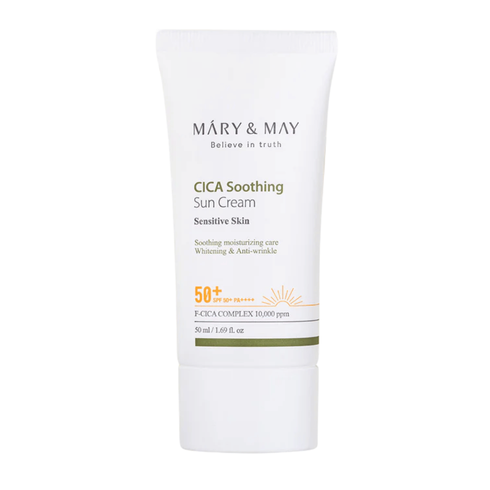 Imagen limpia del producto de Mary&May CICA Soothing Sun Cream SPF50+ PA++++ sobre fondo blanco. La imagen muestra el diseño del envase y resalta el alto nivel de protección solar para uso diario.