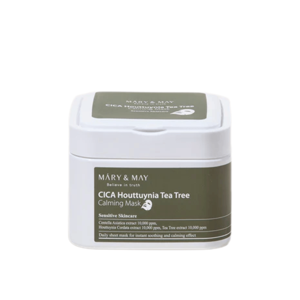 Mary & May Cica Houttuynia Tea Tree Calming Mask – tarro con mascarillas calmantes para piel sensible, enriquecido con centella, houttuynia y extracto de tea tree.
