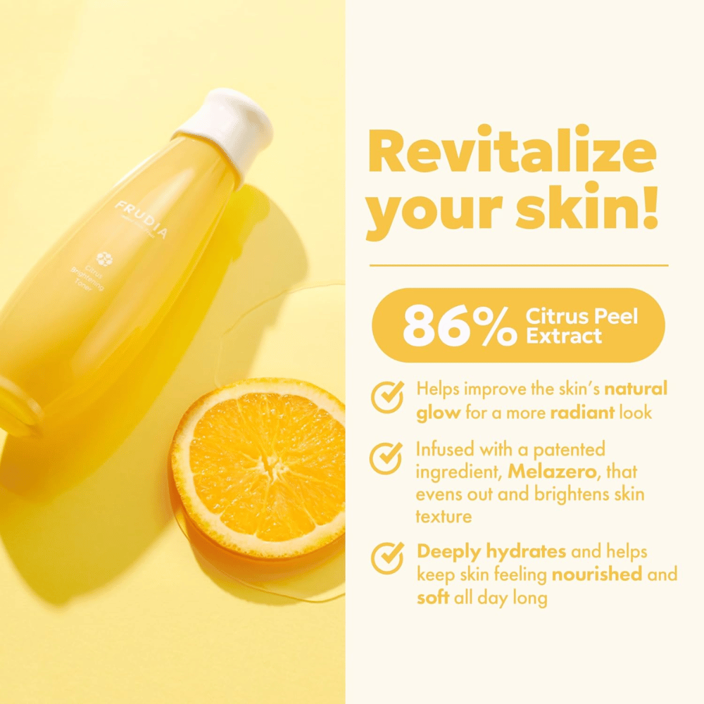 FRUDIA Citrus Brightening Toner con 86 % de extracto de cáscara de cítricos – tónico hidratante e iluminador que mejora el brillo natural de la piel y proporciona una piel suave y radiante.